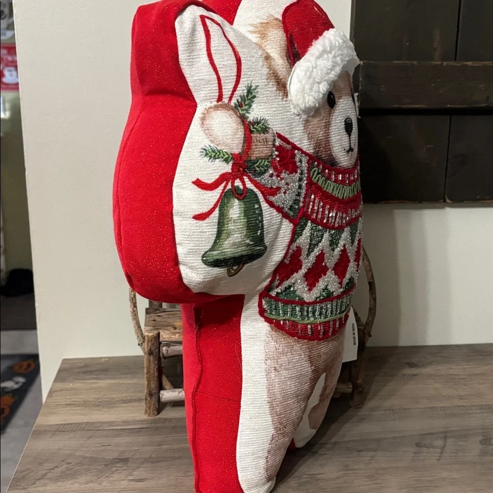 NWT! Jingles & Joy Beaded Teddy Bear Shaped with Bell Christmas Throw Pillow